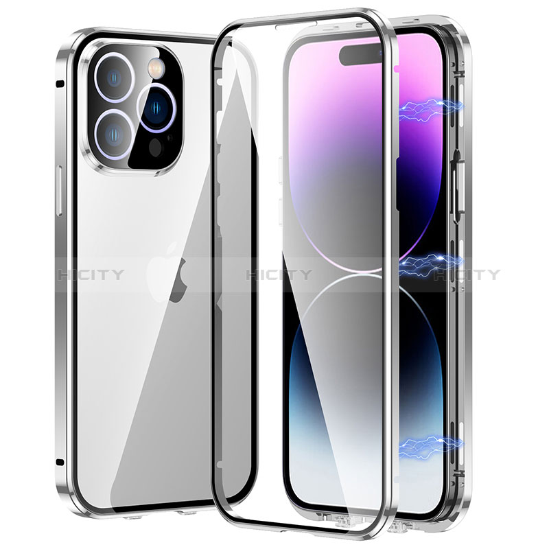 Custodia Lusso Alluminio Laterale Specchio 360 Gradi Cover LO1 per Apple iPhone 14 Pro Argento