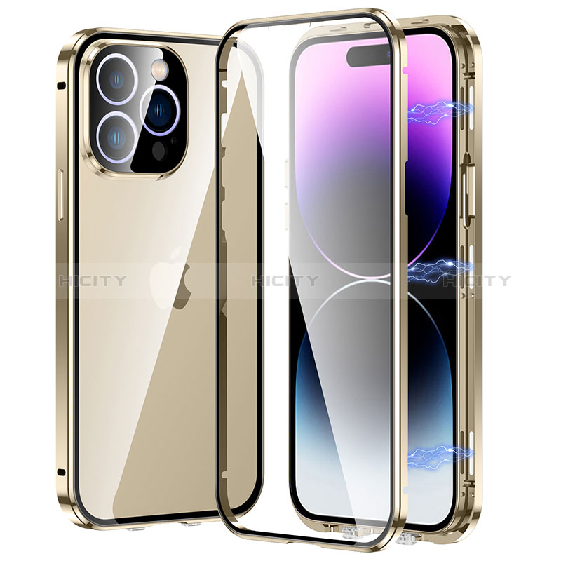 Custodia Lusso Alluminio Laterale Specchio 360 Gradi Cover LO1 per Apple iPhone 15 Pro Max Oro