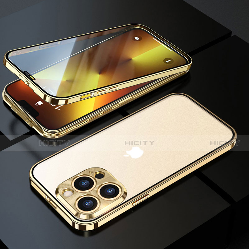 Custodia Lusso Alluminio Laterale Specchio 360 Gradi Cover M01 per Apple iPhone 13 Pro Max Oro