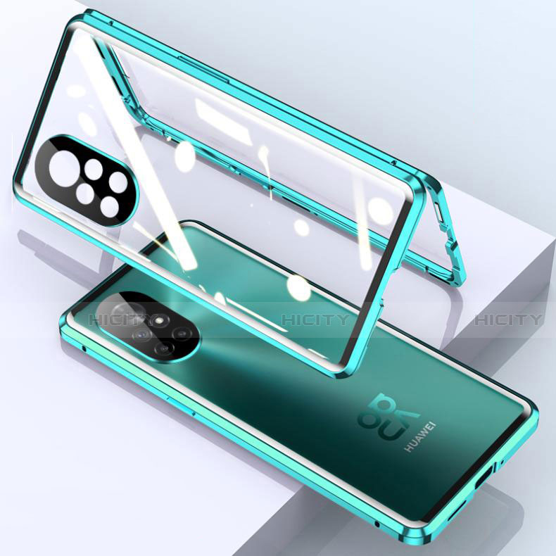 Custodia Lusso Alluminio Laterale Specchio 360 Gradi Cover M01 per Huawei Nova 8 Pro 5G Ciano