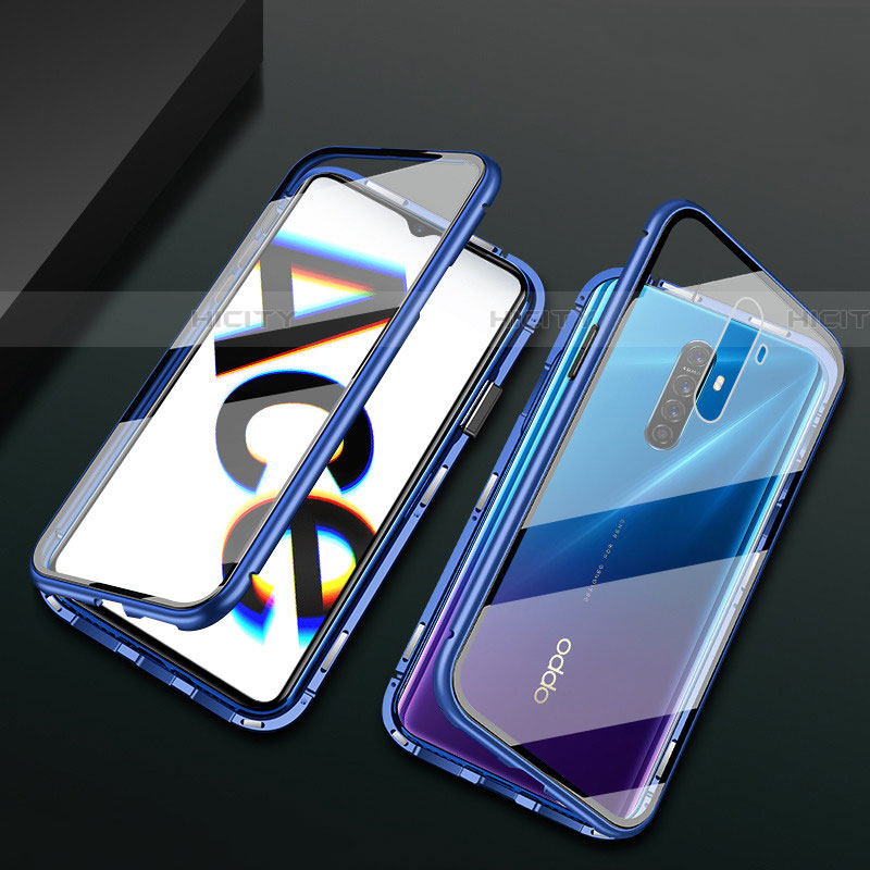 Custodia Lusso Alluminio Laterale Specchio 360 Gradi Cover M01 per Oppo Reno Ace Blu