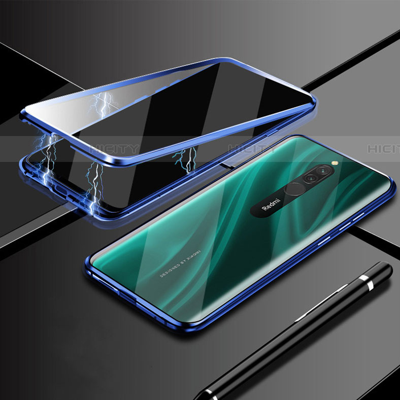 Custodia Lusso Alluminio Laterale Specchio 360 Gradi Cover M01 per Xiaomi Redmi 8 Blu