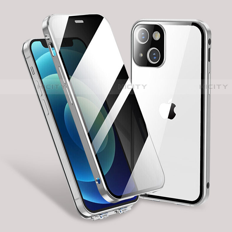 Custodia Lusso Alluminio Laterale Specchio 360 Gradi Cover M02 per Apple iPhone 13 Mini Argento