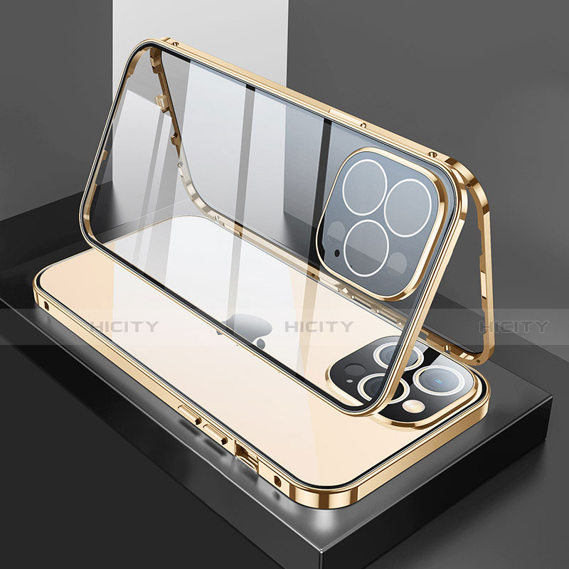 Custodia Lusso Alluminio Laterale Specchio 360 Gradi Cover M02 per Apple iPhone 13 Pro Oro