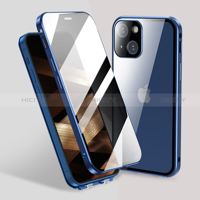 Custodia Lusso Alluminio Laterale Specchio 360 Gradi Cover M02 per Apple iPhone 15 Blu