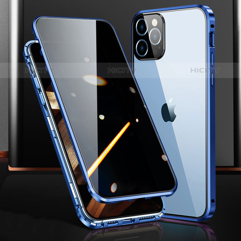 Custodia Lusso Alluminio Laterale Specchio 360 Gradi Cover M03 per Apple iPhone 15 Pro Blu