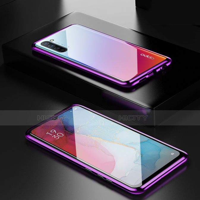 Custodia Lusso Alluminio Laterale Specchio 360 Gradi Cover M03 per Oppo F15 Viola