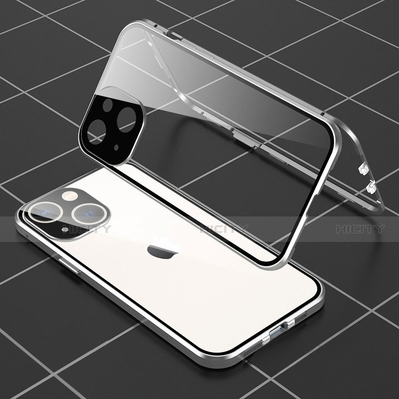 Custodia Lusso Alluminio Laterale Specchio 360 Gradi Cover M04 per Apple iPhone 13 Mini Argento