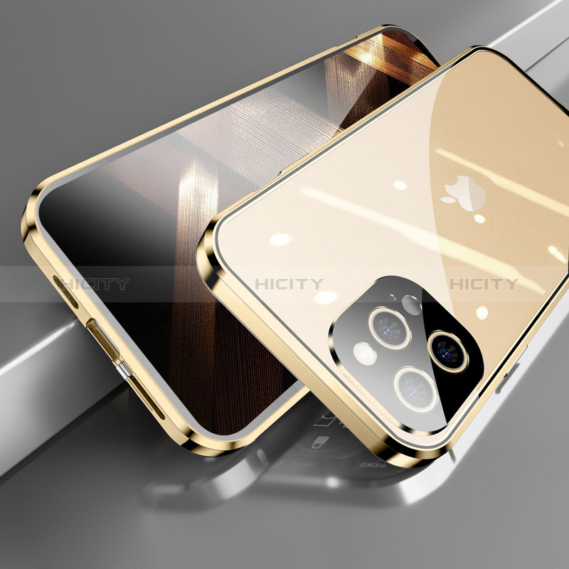 Custodia Lusso Alluminio Laterale Specchio 360 Gradi Cover M05 per Apple iPhone 14 Pro Oro