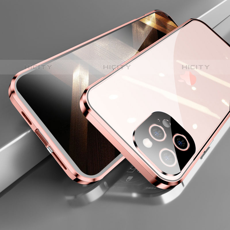 Custodia Lusso Alluminio Laterale Specchio 360 Gradi Cover M05 per Apple iPhone 15 Pro Oro Rosa