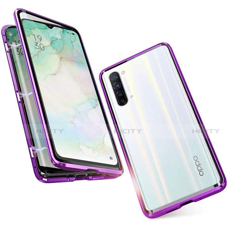 Custodia Lusso Alluminio Laterale Specchio 360 Gradi Cover M05 per Oppo F15 Viola