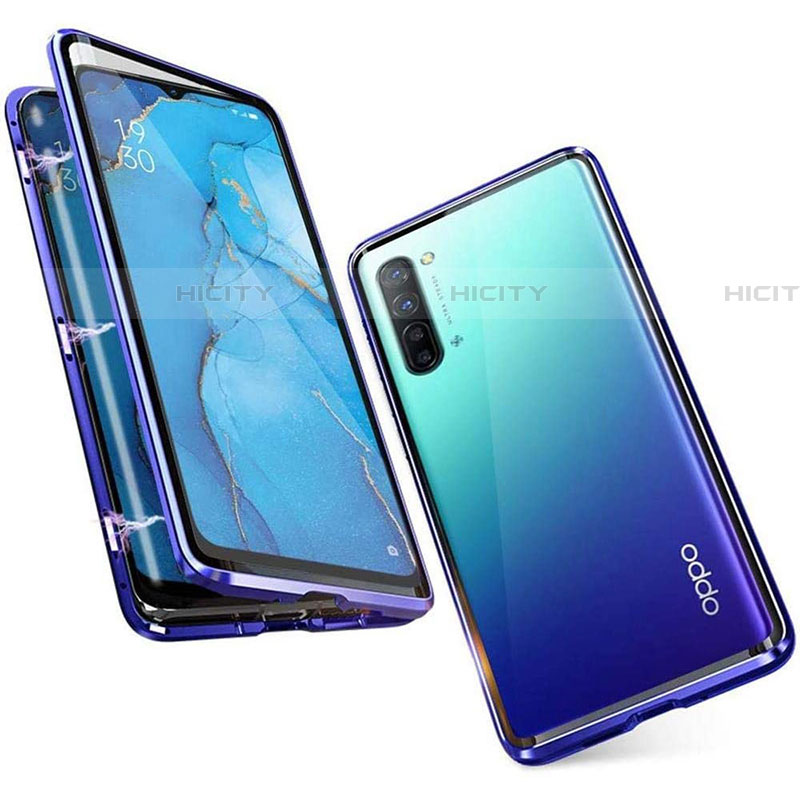 Custodia Lusso Alluminio Laterale Specchio 360 Gradi Cover M05 per Oppo Reno3 Blu