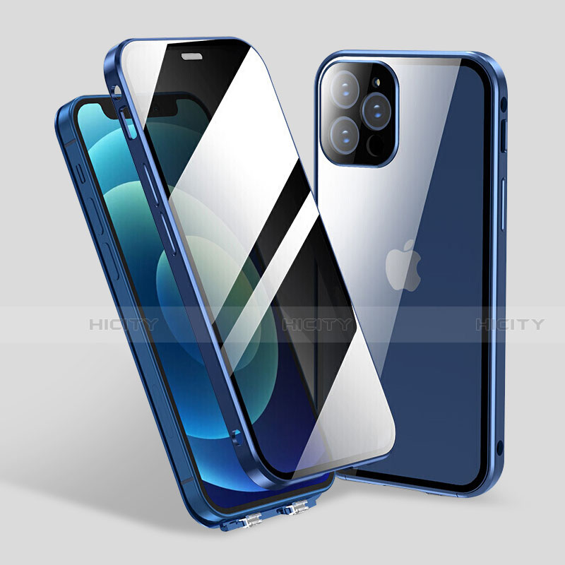 Custodia Lusso Alluminio Laterale Specchio 360 Gradi Cover M06 per Apple iPhone 13 Pro Blu