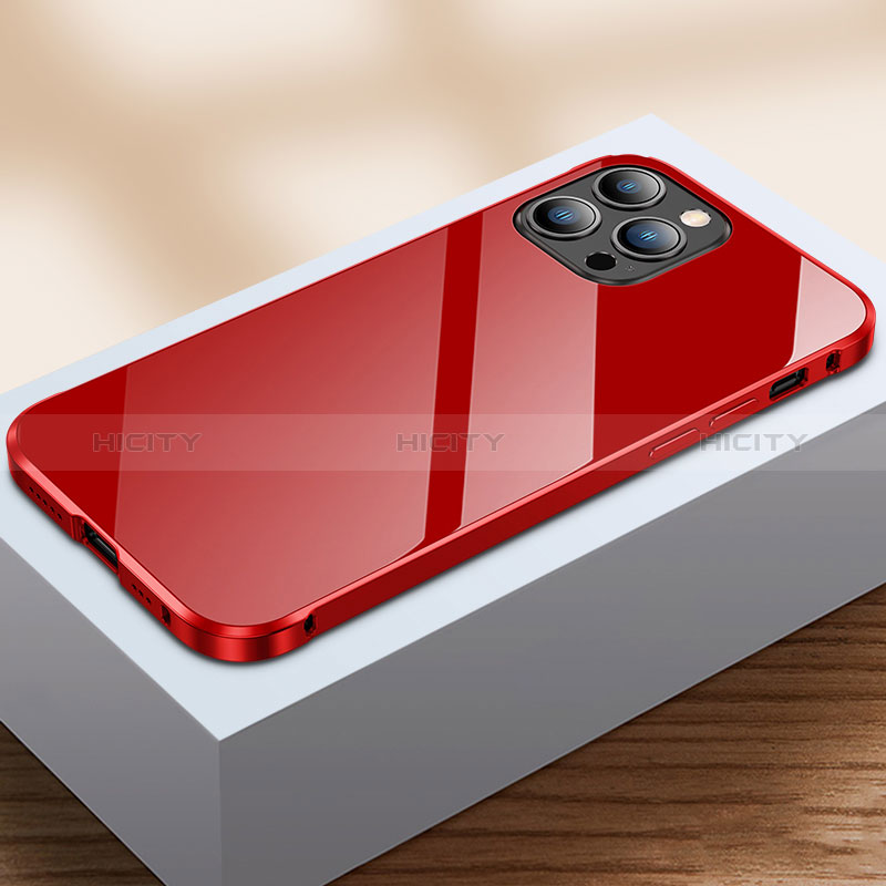 Custodia Lusso Alluminio Laterale Specchio 360 Gradi Cover M07 per Apple iPhone 14 Pro Rosso