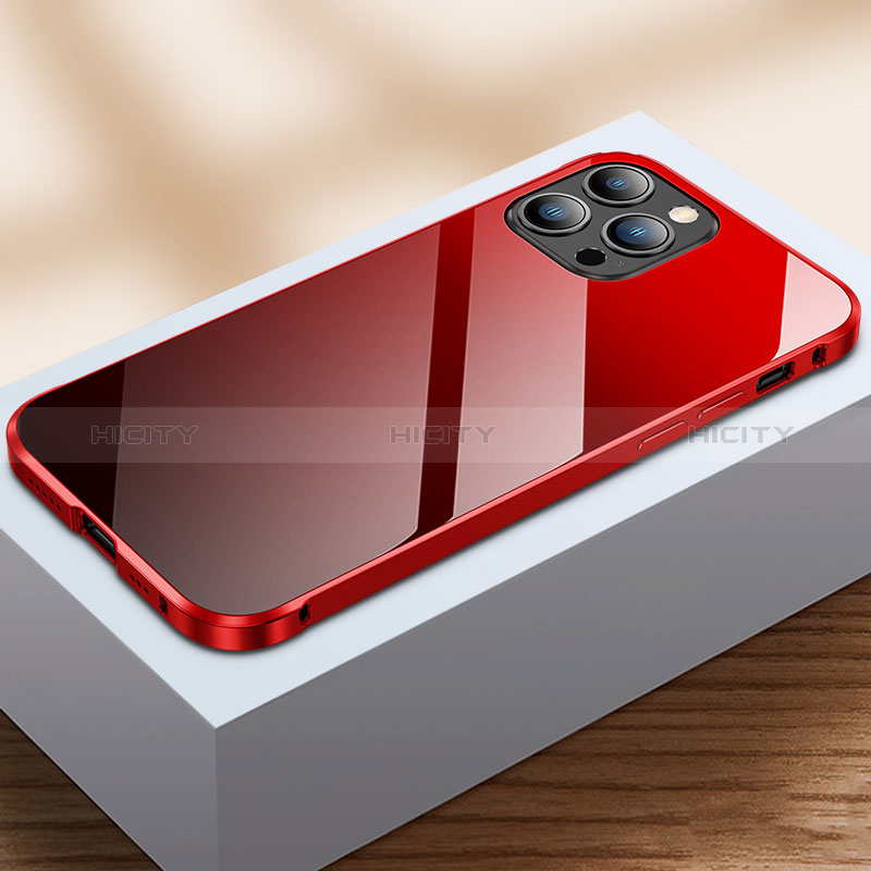 Custodia Lusso Alluminio Laterale Specchio 360 Gradi Cover M07 per Apple iPhone 14 Pro Rosso e Nero