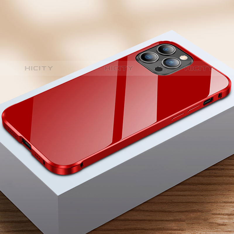 Custodia Lusso Alluminio Laterale Specchio 360 Gradi Cover M07 per Apple iPhone 15 Pro Max Rosso