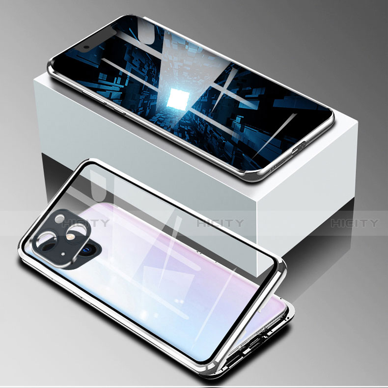 Custodia Lusso Alluminio Laterale Specchio 360 Gradi Cover M09 per Apple iPhone 13 Mini Argento