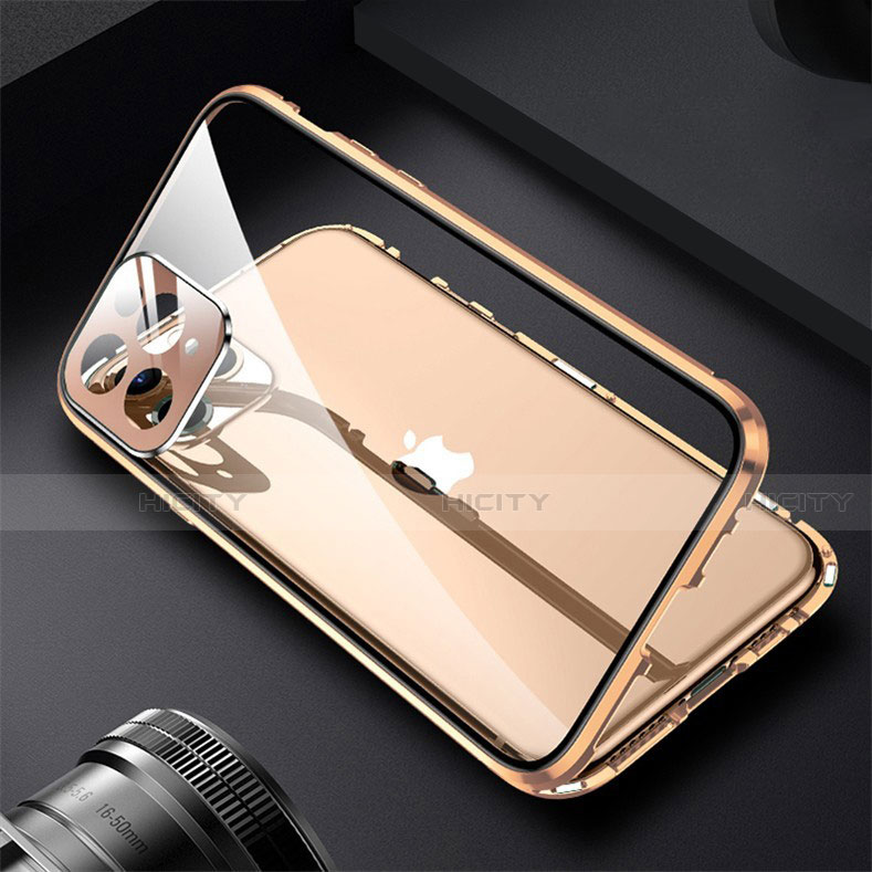 Custodia Lusso Alluminio Laterale Specchio 360 Gradi Cover M09 per Apple iPhone 13 Pro Oro