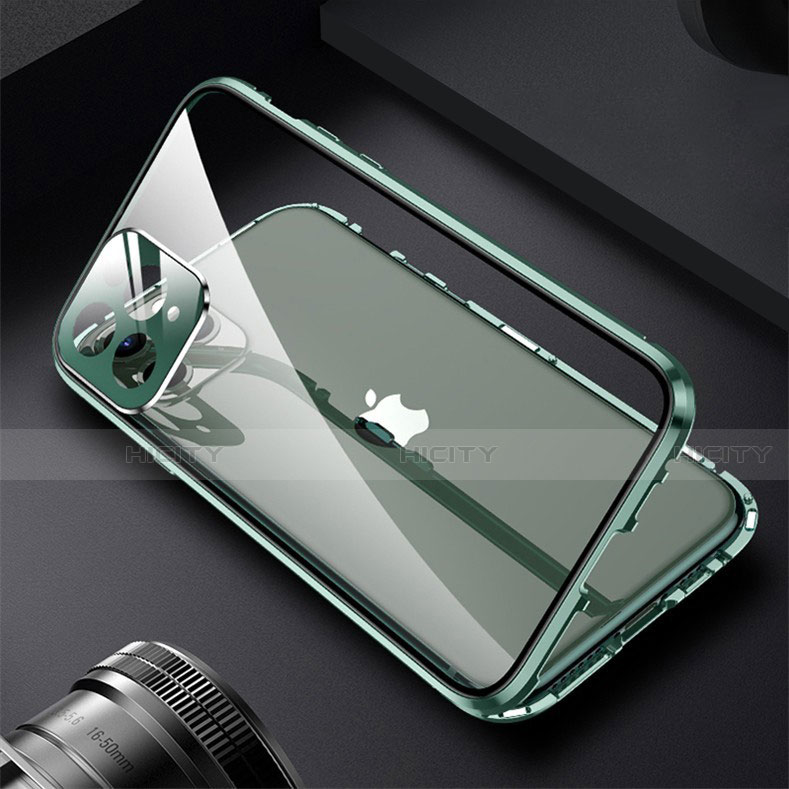 Custodia Lusso Alluminio Laterale Specchio 360 Gradi Cover M09 per Apple iPhone 13 Pro Verde