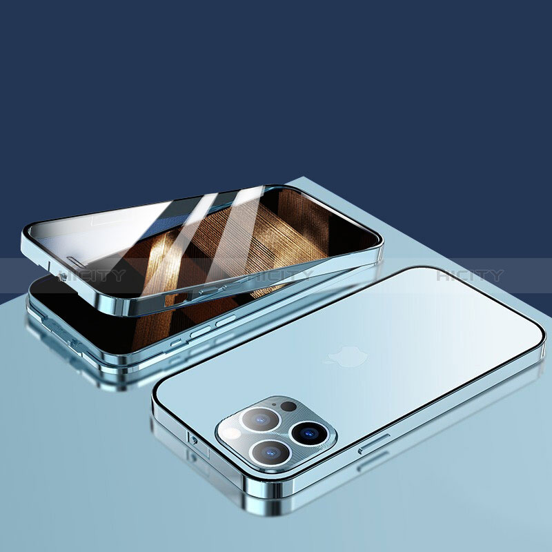 Custodia Lusso Alluminio Laterale Specchio 360 Gradi Cover M10 per Apple iPhone 14 Pro Max Blu