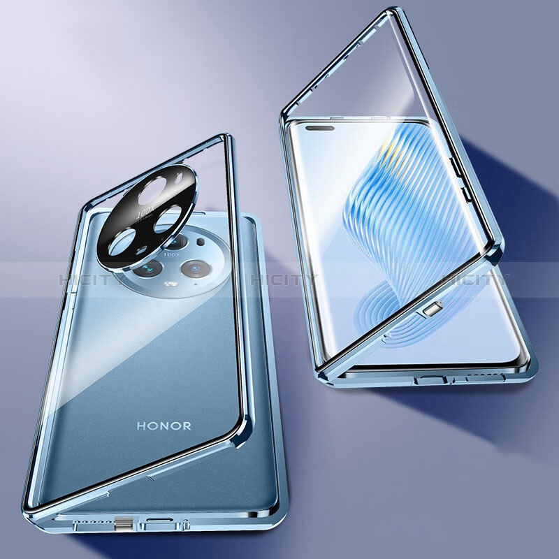 Custodia Lusso Alluminio Laterale Specchio 360 Gradi Cover P01 per Huawei Honor Magic5 Pro 5G Blu