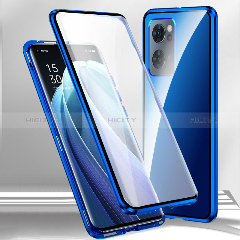 Custodia Lusso Alluminio Laterale Specchio 360 Gradi Cover P01 per Oppo A57 5G Blu