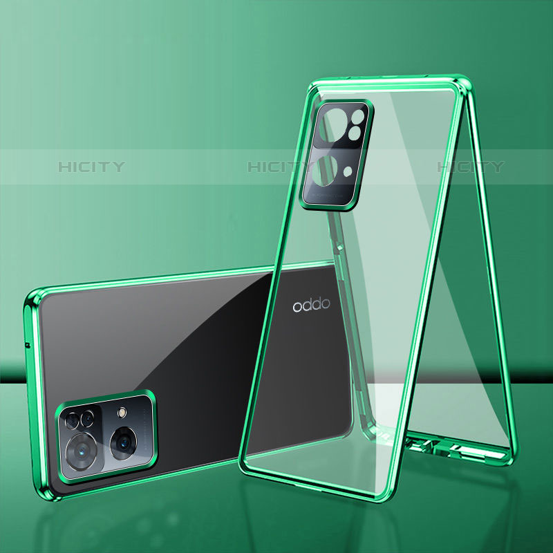 Custodia Lusso Alluminio Laterale Specchio 360 Gradi Cover P01 per Oppo Reno7 Pro 5G Verde