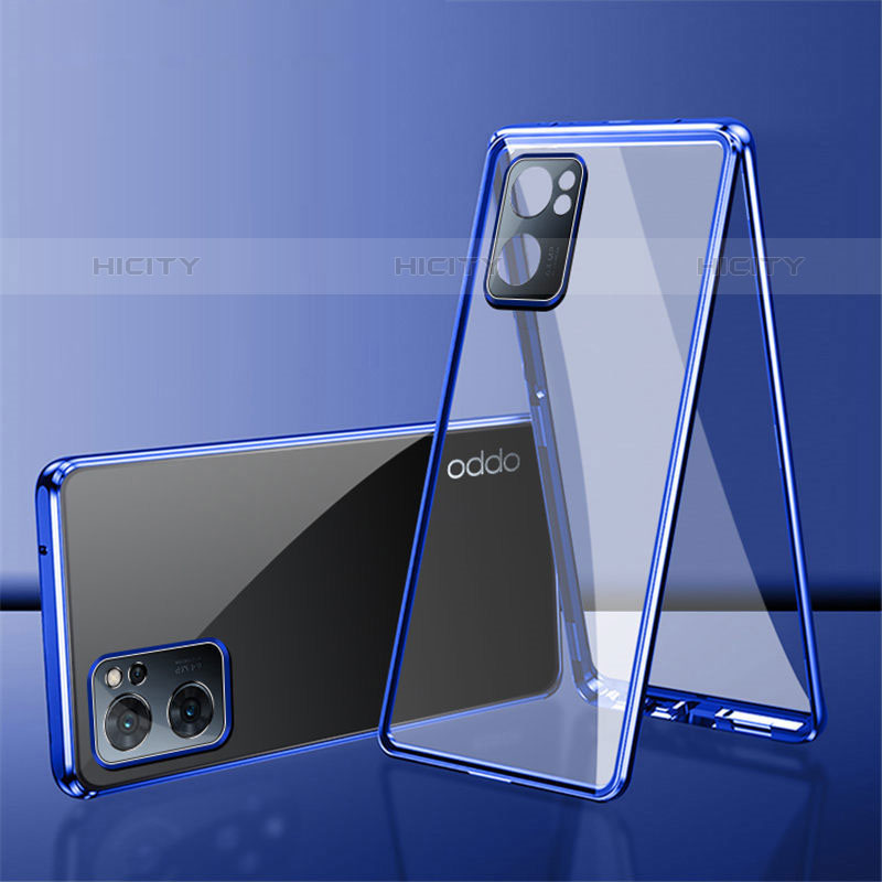 Custodia Lusso Alluminio Laterale Specchio 360 Gradi Cover P01 per Oppo Reno7 SE 5G Blu