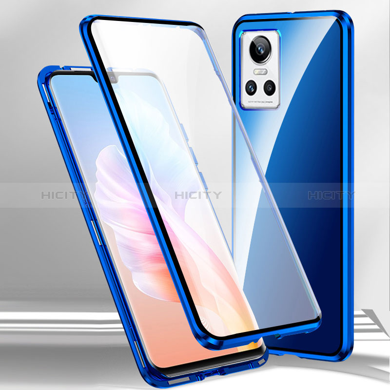 Custodia Lusso Alluminio Laterale Specchio 360 Gradi Cover P01 per Realme GT Neo3 5G Blu