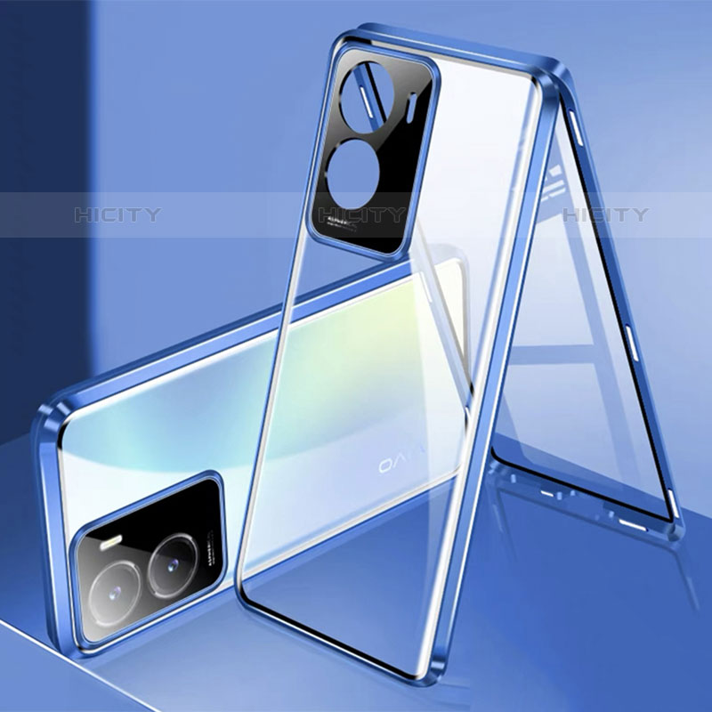 Custodia Lusso Alluminio Laterale Specchio 360 Gradi Cover P01 per Vivo iQOO Z7x 5G Blu