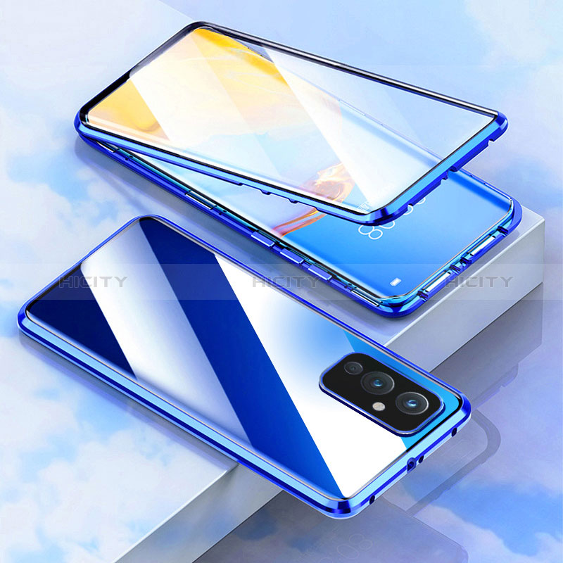 Custodia Lusso Alluminio Laterale Specchio 360 Gradi Cover P02 per OnePlus 9 5G Blu