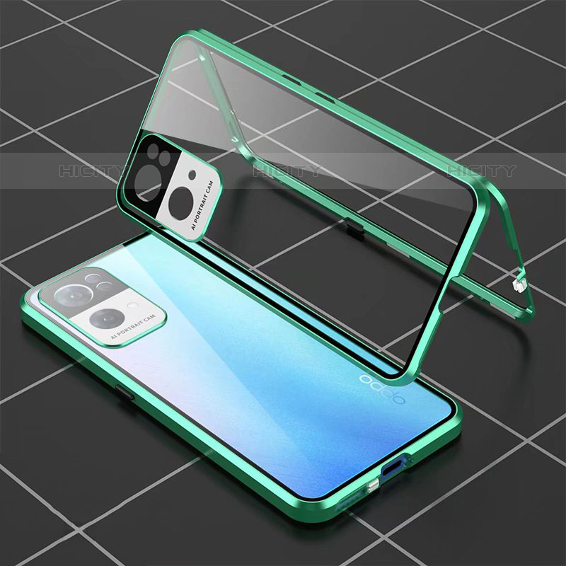 Custodia Lusso Alluminio Laterale Specchio 360 Gradi Cover P02 per Oppo Reno7 Pro 5G Verde