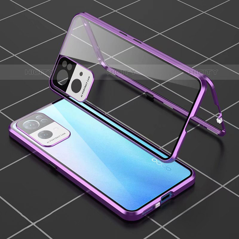 Custodia Lusso Alluminio Laterale Specchio 360 Gradi Cover P02 per Oppo Reno7 Pro 5G Viola