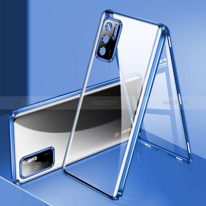 Custodia Lusso Alluminio Laterale Specchio 360 Gradi Cover P02 per Xiaomi Redmi Note 10T 5G Blu