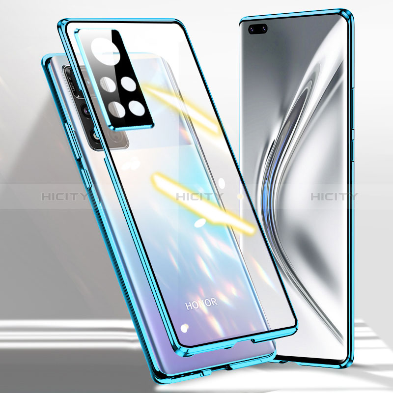 Custodia Lusso Alluminio Laterale Specchio 360 Gradi Cover P03 per Huawei Honor V40 5G Blu