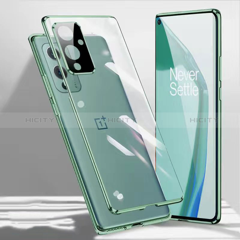 Custodia Lusso Alluminio Laterale Specchio 360 Gradi Cover P03 per OnePlus 9 5G Verde