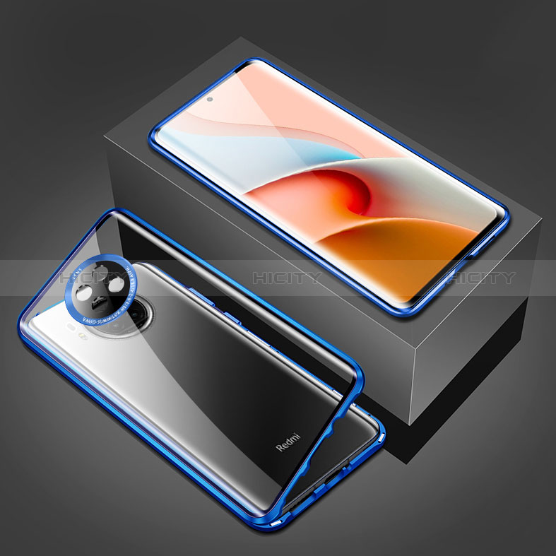 Custodia Lusso Alluminio Laterale Specchio 360 Gradi Cover P03 per Xiaomi Redmi Note 9 5G Blu