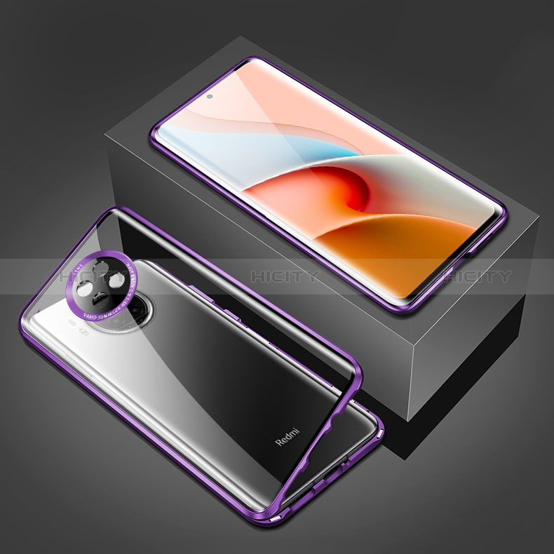 Custodia Lusso Alluminio Laterale Specchio 360 Gradi Cover P03 per Xiaomi Redmi Note 9 5G Viola