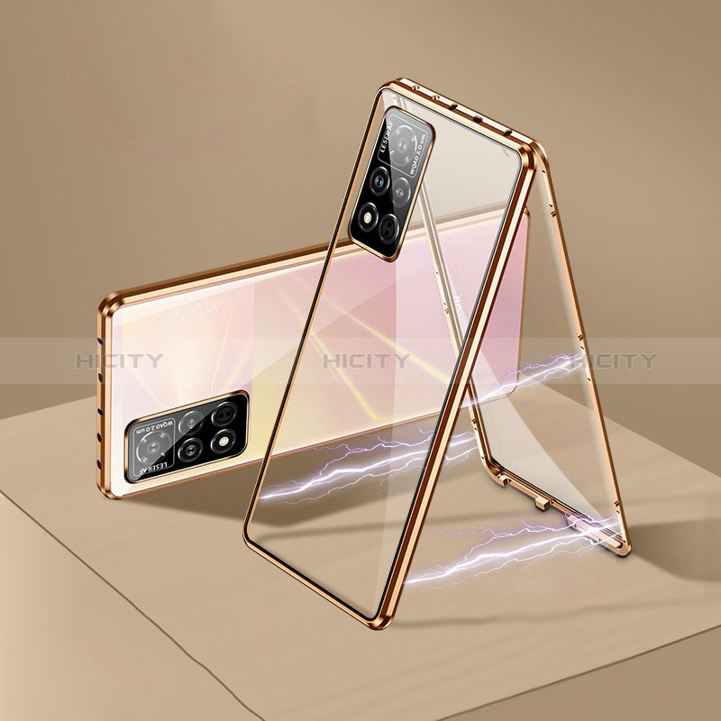 Custodia Lusso Alluminio Laterale Specchio 360 Gradi Cover P05 per Huawei Honor V40 5G Oro