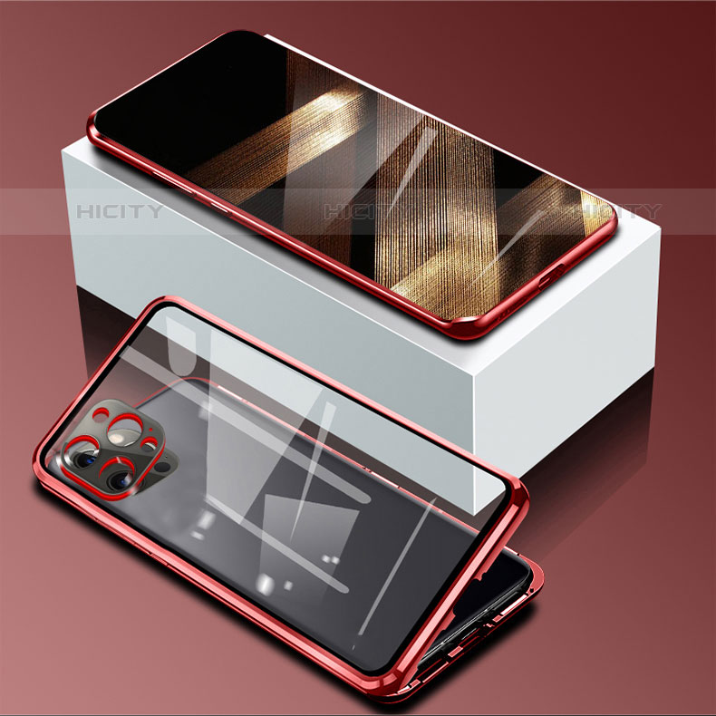 Custodia Lusso Alluminio Laterale Specchio 360 Gradi Cover per Apple iPhone 15 Pro Max Rosso