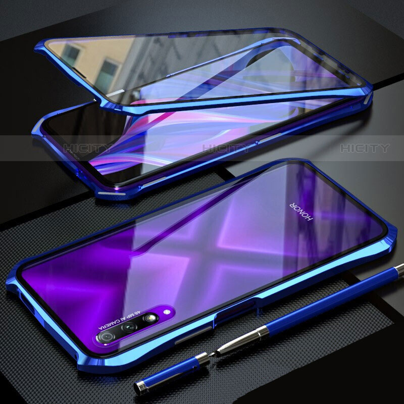 Custodia Lusso Alluminio Laterale Specchio 360 Gradi Cover per Huawei P Smart Pro (2019) Blu