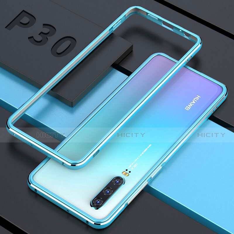 Custodia Lusso Alluminio Laterale Specchio 360 Gradi Cover per Huawei P30 Cielo Blu