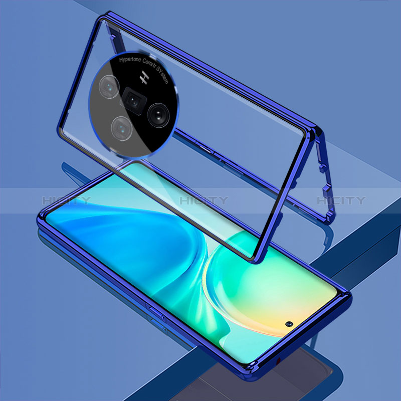 Custodia Lusso Alluminio Laterale Specchio 360 Gradi Cover per Oppo Find X7 5G Blu