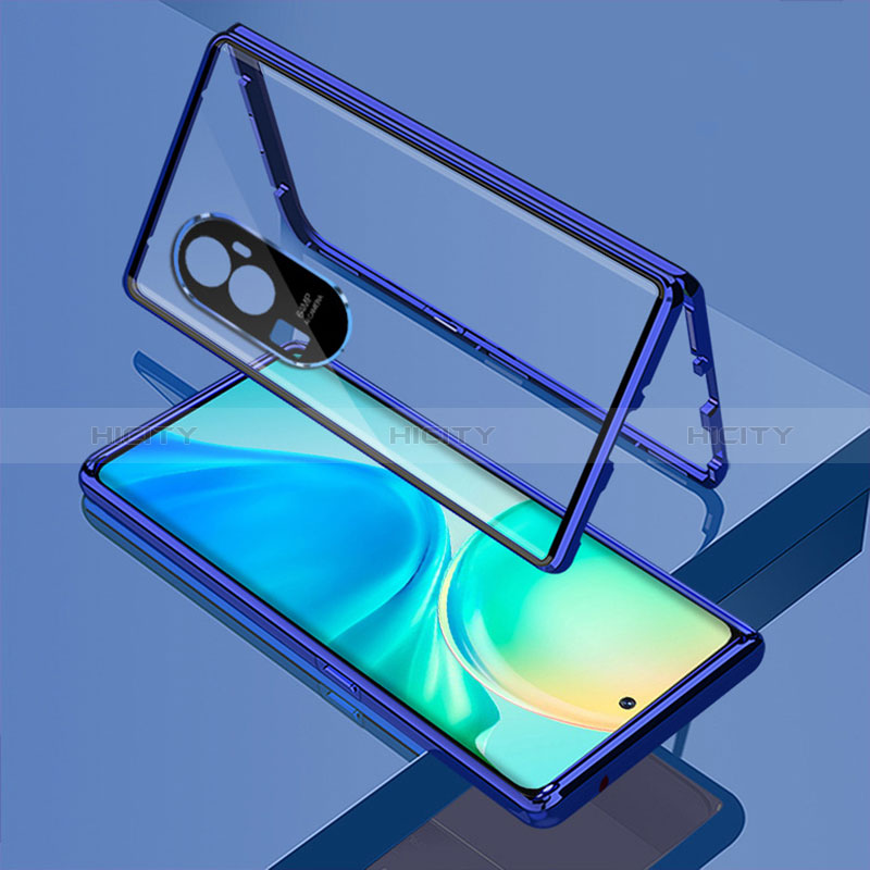 Custodia Lusso Alluminio Laterale Specchio 360 Gradi Cover per Oppo Reno10 Pro+ Plus 5G Blu