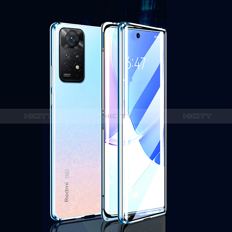 Custodia Lusso Alluminio Laterale Specchio 360 Gradi Cover per Xiaomi Redmi Note 11E Pro 5G Blu