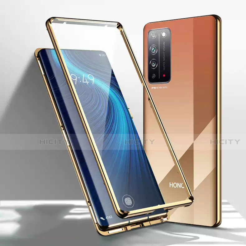 Custodia Lusso Alluminio Laterale Specchio 360 Gradi Cover T01 per Huawei Honor X10 5G Oro