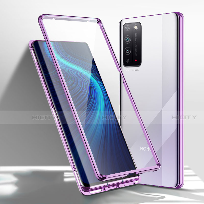 Custodia Lusso Alluminio Laterale Specchio 360 Gradi Cover T01 per Huawei Honor X10 5G Viola