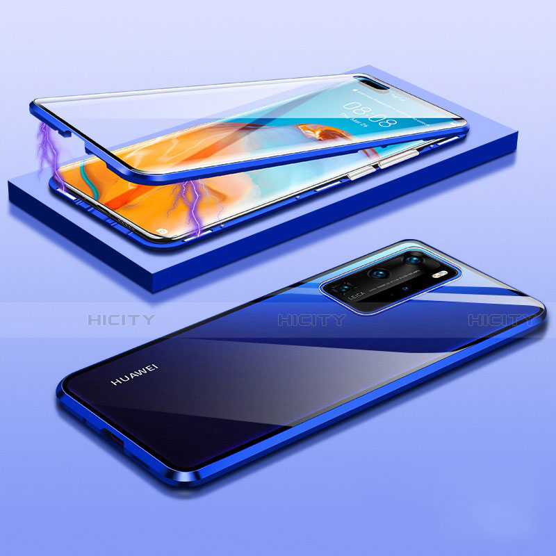 Custodia Lusso Alluminio Laterale Specchio 360 Gradi Cover T01 per Huawei P40 Pro Blu