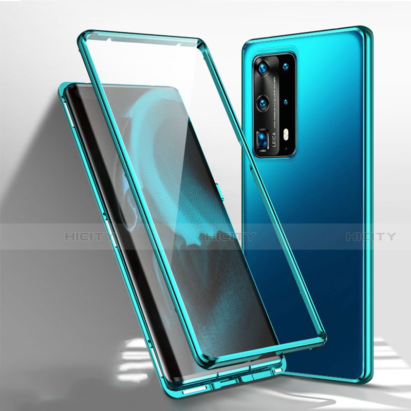 Custodia Lusso Alluminio Laterale Specchio 360 Gradi Cover T01 per Huawei P40 Pro+ Plus Ciano