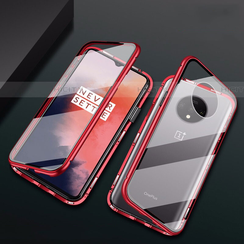 Custodia Lusso Alluminio Laterale Specchio 360 Gradi Cover T01 per OnePlus 7T Rosso